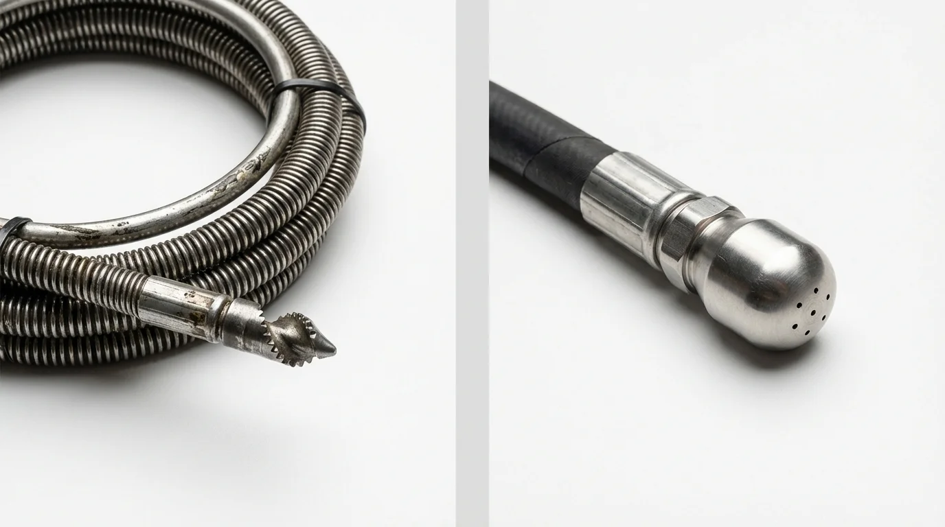 Drain snake cable and hydro jetting nozzle used for drain cleaning in Houston, MO